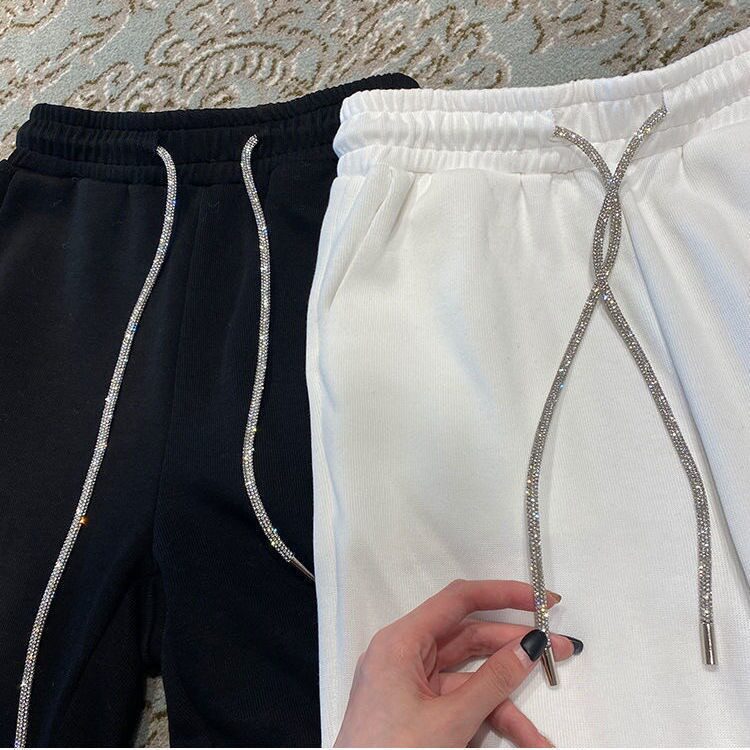 水钻圆头卫衣带帽运动裤腰绳裤抽绳裤头绳子绳子