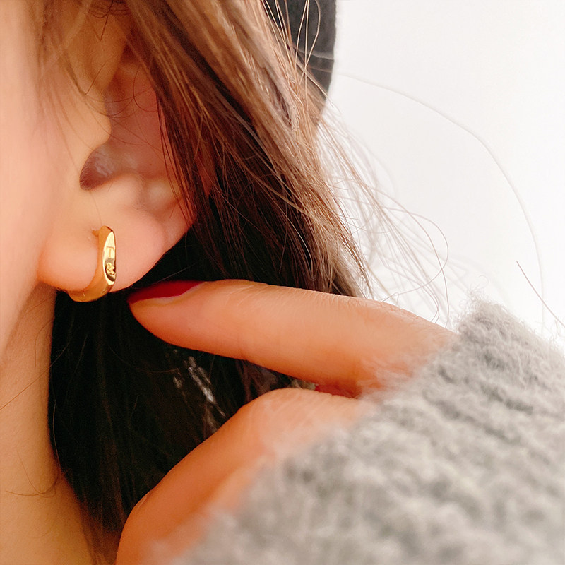 韩国正品10k14k黄金耳环女气质网红ins几何方形刻字母素金耳扣