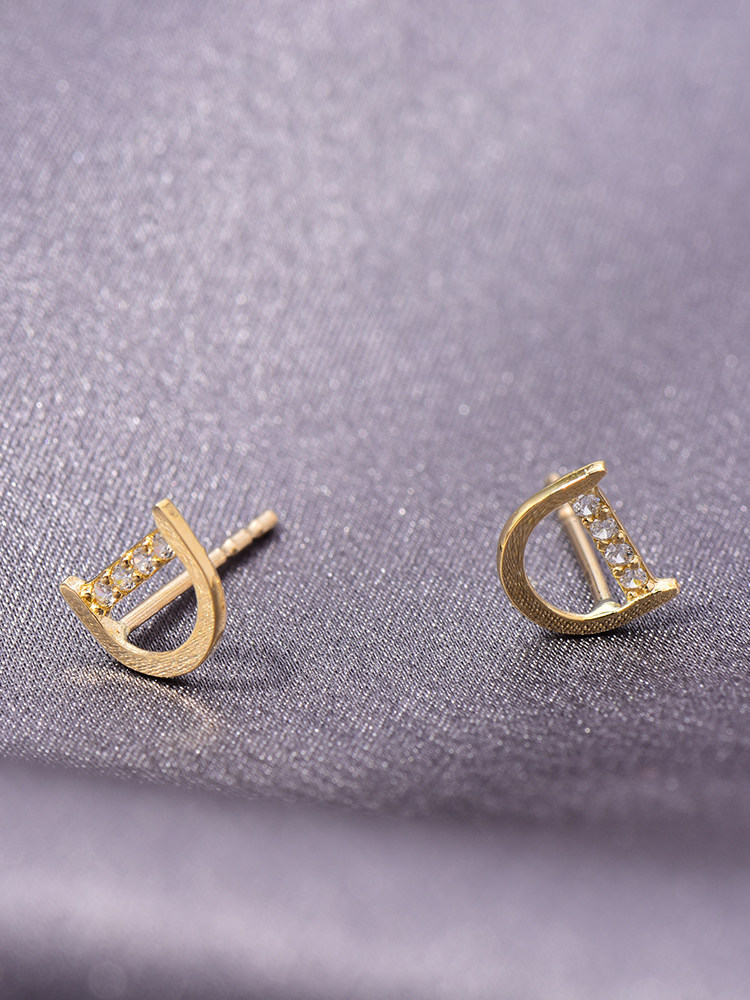 韩国10k14k黄金耳钉气质新款时尚简约锆石字母耳饰