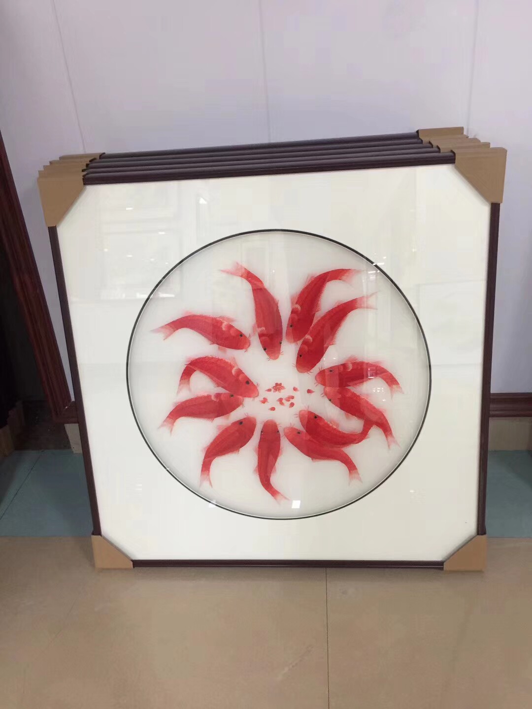 苏州刺绣机绣成品牡丹鸿运当头山水走廊实木外框苏绣