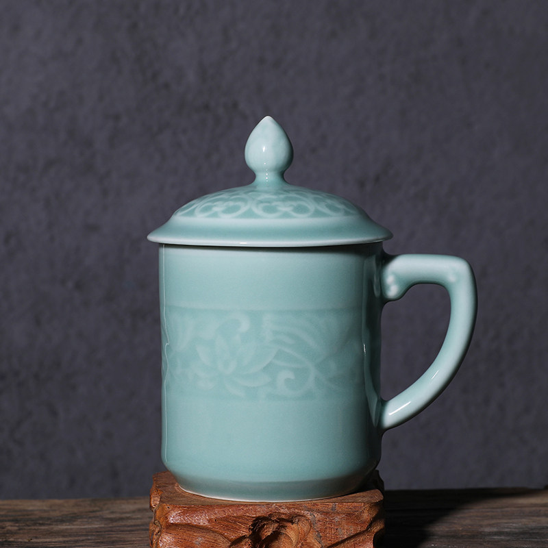 天青色莲韵杯青瓷瓷杯办公泡茶茶杯马克中式陶瓷茶杯