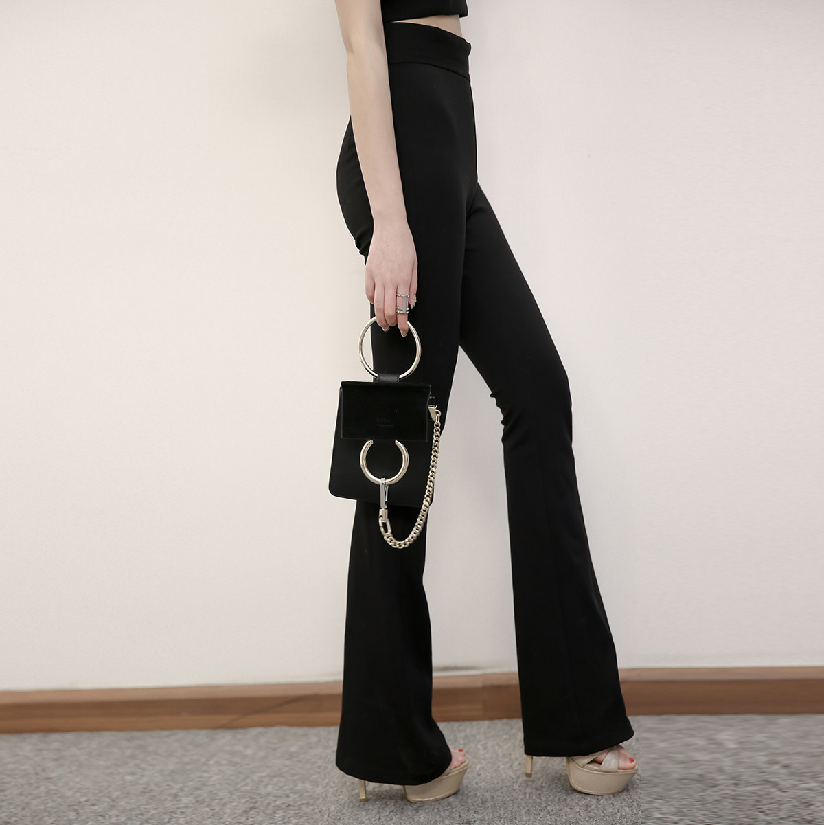 冰冰来了 复古弹力微喇叭裤女韩国高腰修身黑色显瘦休闲裤