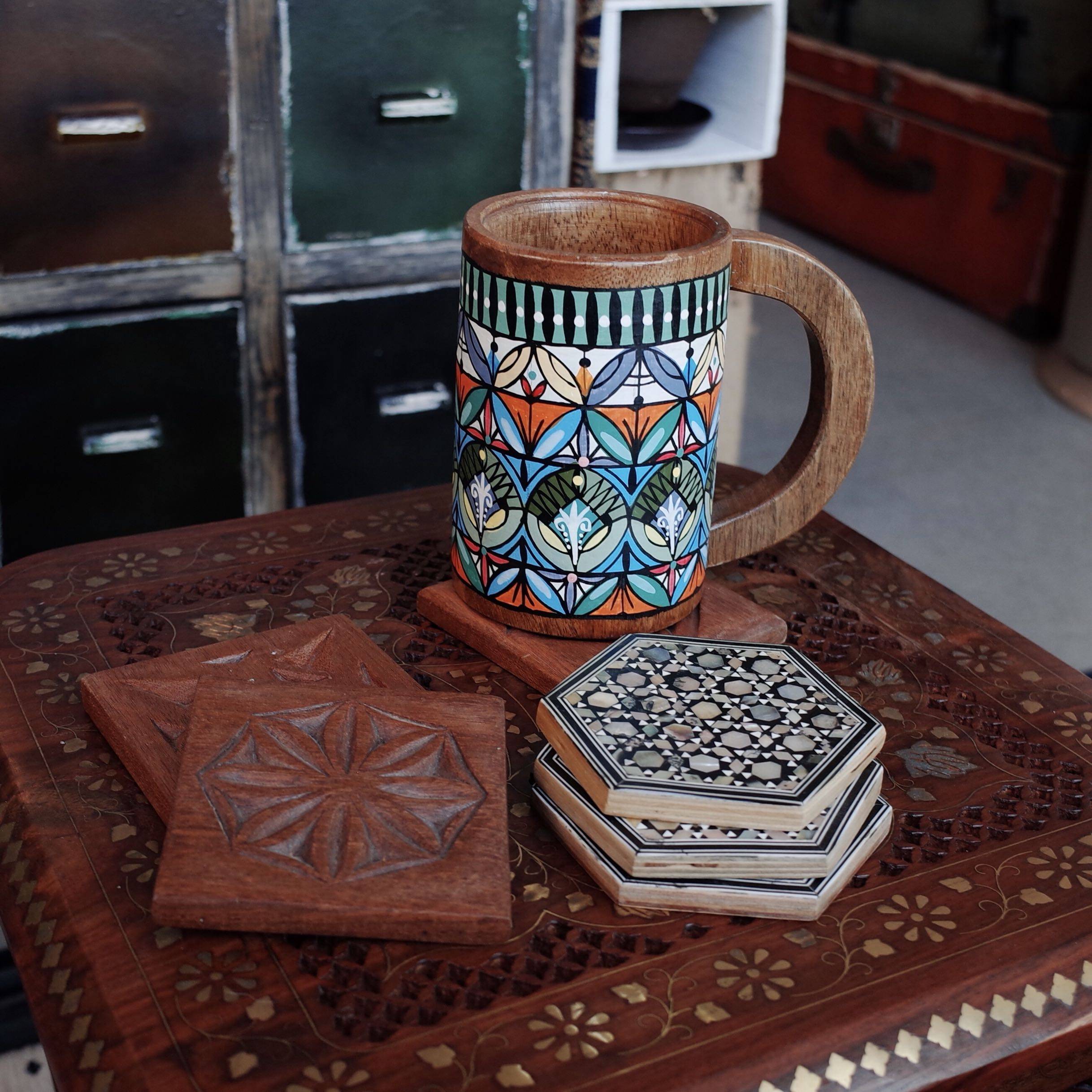埃及旅行带回手工镶嵌雕花花贝壳别致实木杯垫杯垫