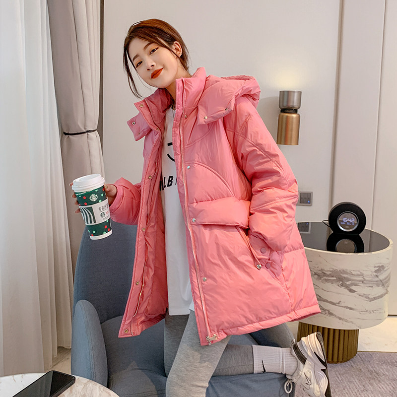 粉色羽绒服女中中长欧洲站2021新款欧货潮连时装羽绒服