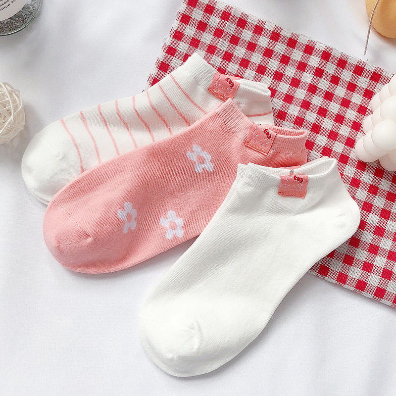 粉色袜子女可爱日系浅口小花短袜纯棉ins春夏季短袜