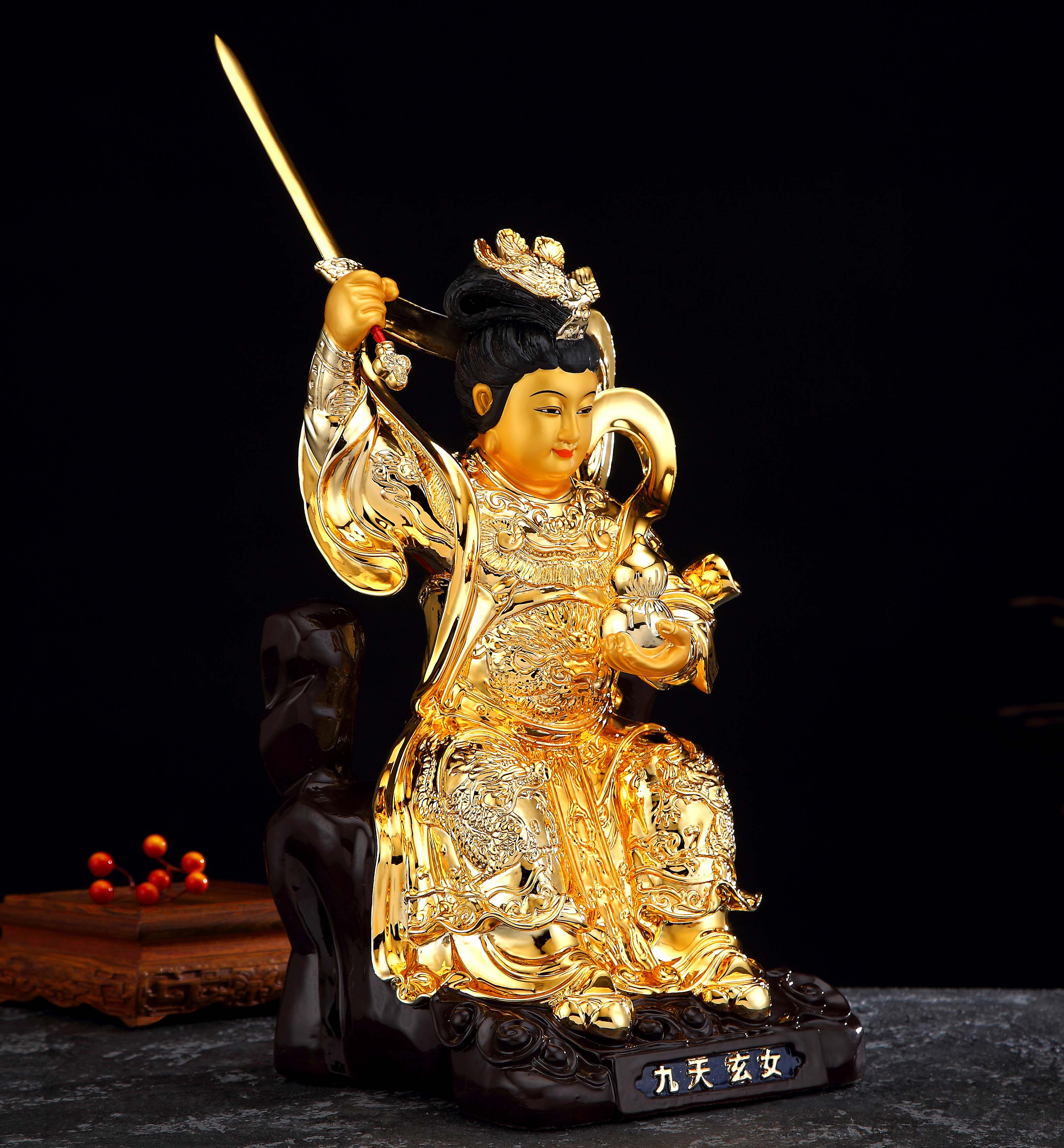 神像九天台湾纯铜鎏金玄女娘娘摆件供奉家用摆件