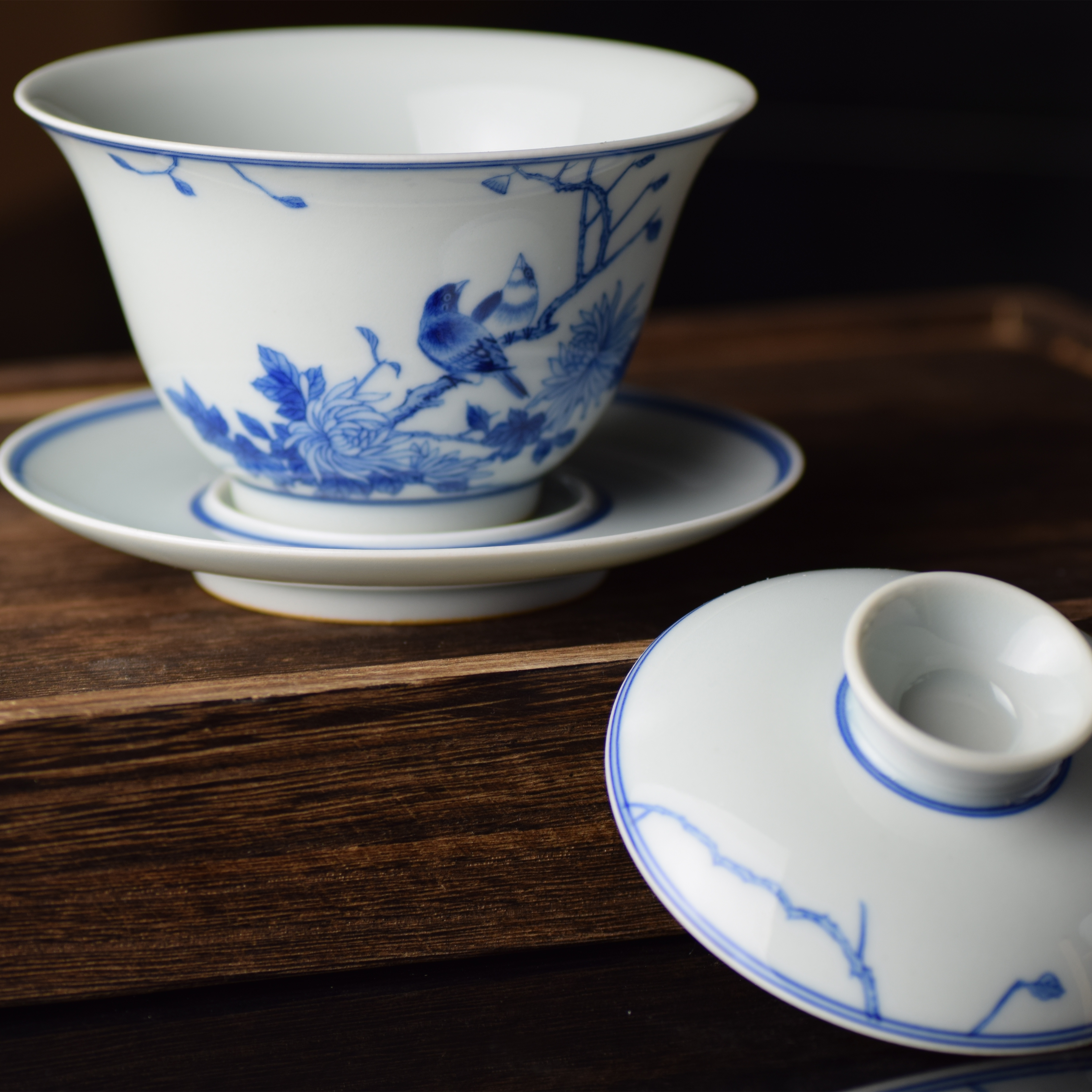 景德镇瓷语仿古手绘陶瓷青花宋画花鸟泡茶三才盖碗