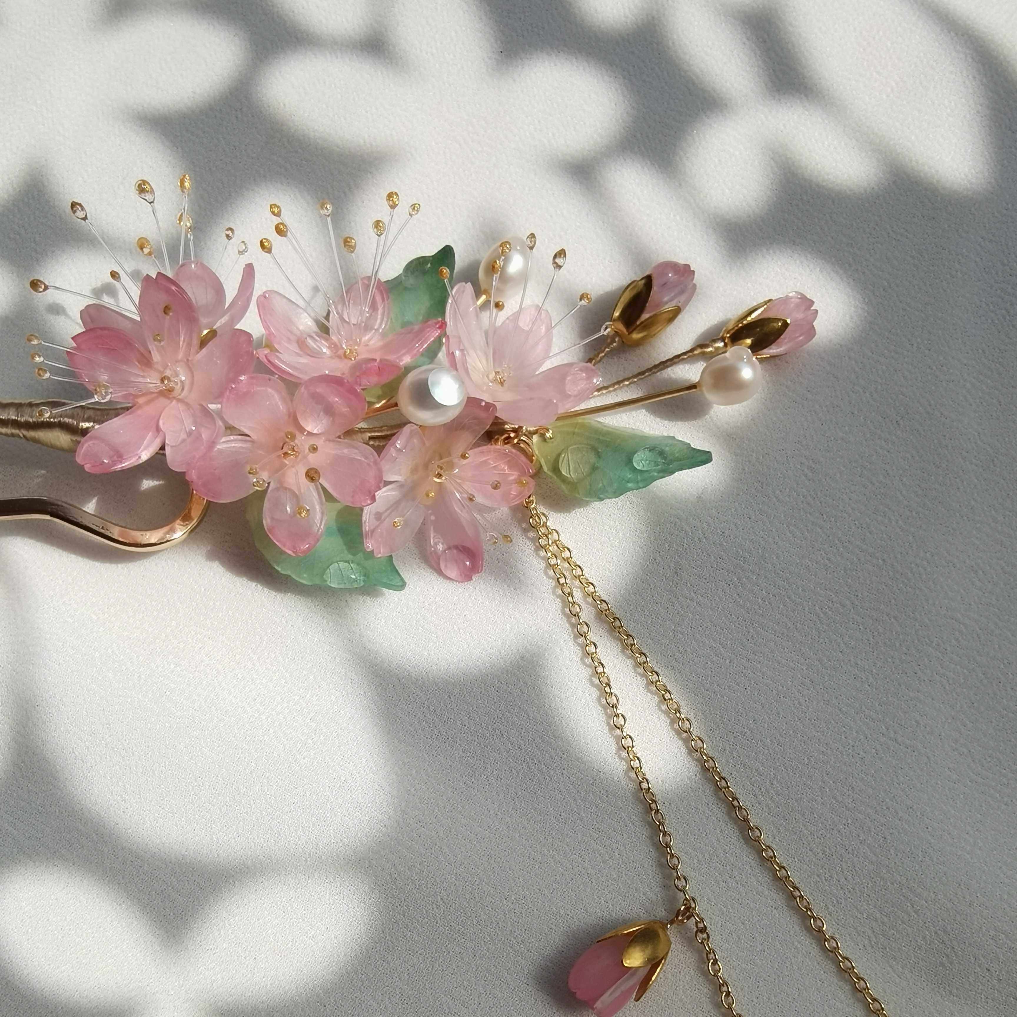 懿坤樱花水彩上色流苏珍珠发簪汉服头饰发饰