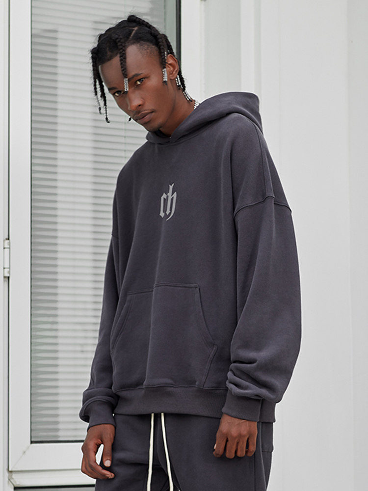 潮物woochinismch胸前反光logo印花连帽卫衣男卫衣