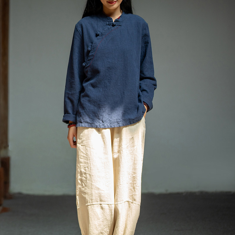中式斜襟盘太极服女棉麻上衣时尚复古中国国风太极服