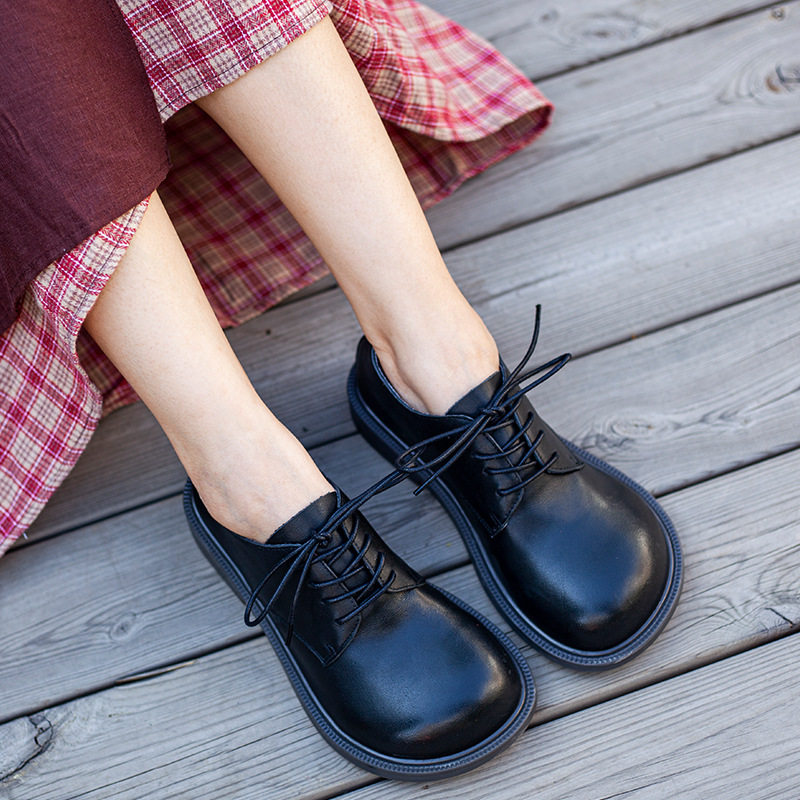 大头鞋宽脚真皮系带女鞋春季复古头层牛皮英伦单鞋