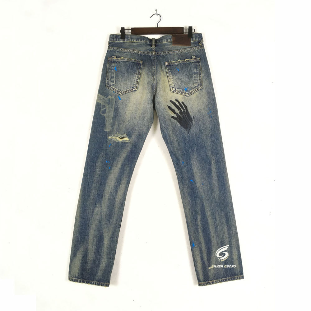 春夏新款泼墨修身直筒牛仔裤clot世界大战破坏水洗牛仔裤