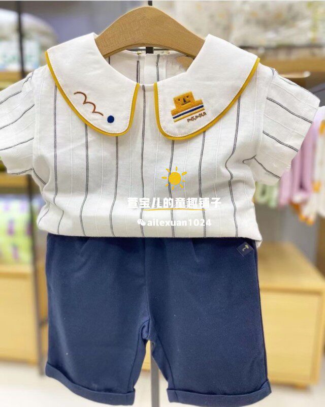 翻领韩国云朵中小童装夏新男女童宝洋气竖条套装