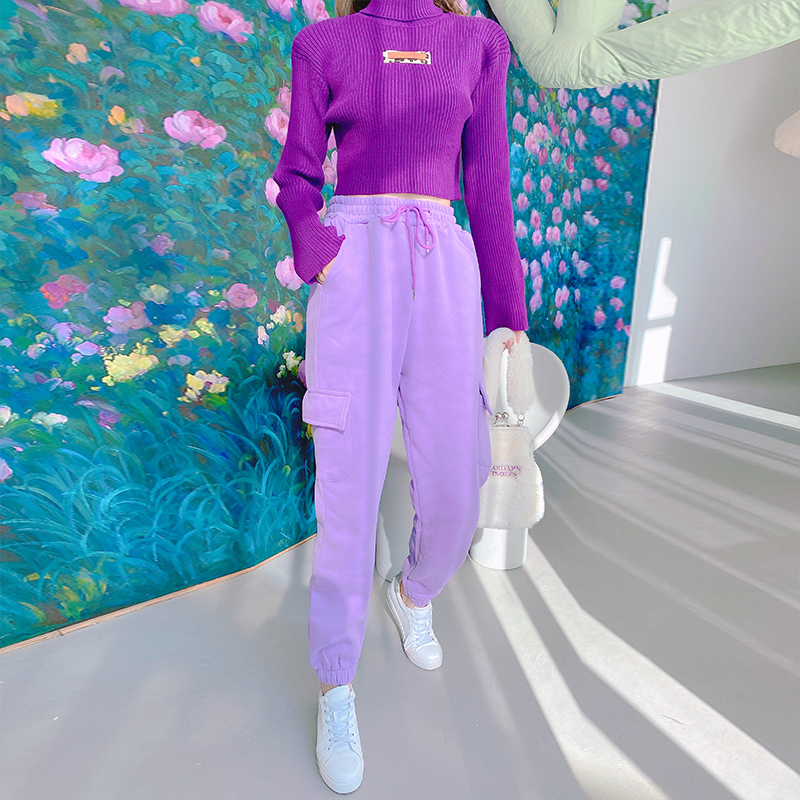 韩版紫色卫裤女宽松束脚秋冬小个子显瘦工装系带休闲裤