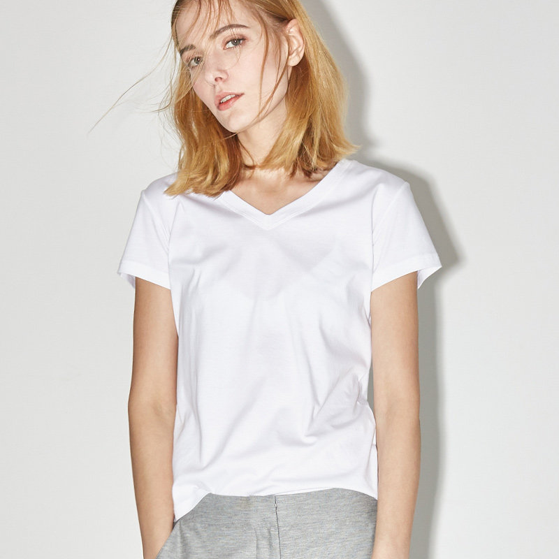 小虫纯棉白色t恤女短袖2019新款圆v领丝光棉打底衫休闲上衣夏情侣