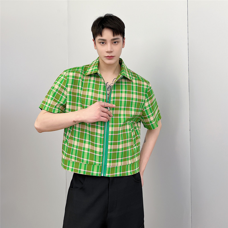 绿色格子拉链短袖衬衫短款外套潮男韩版夏季衬衫
