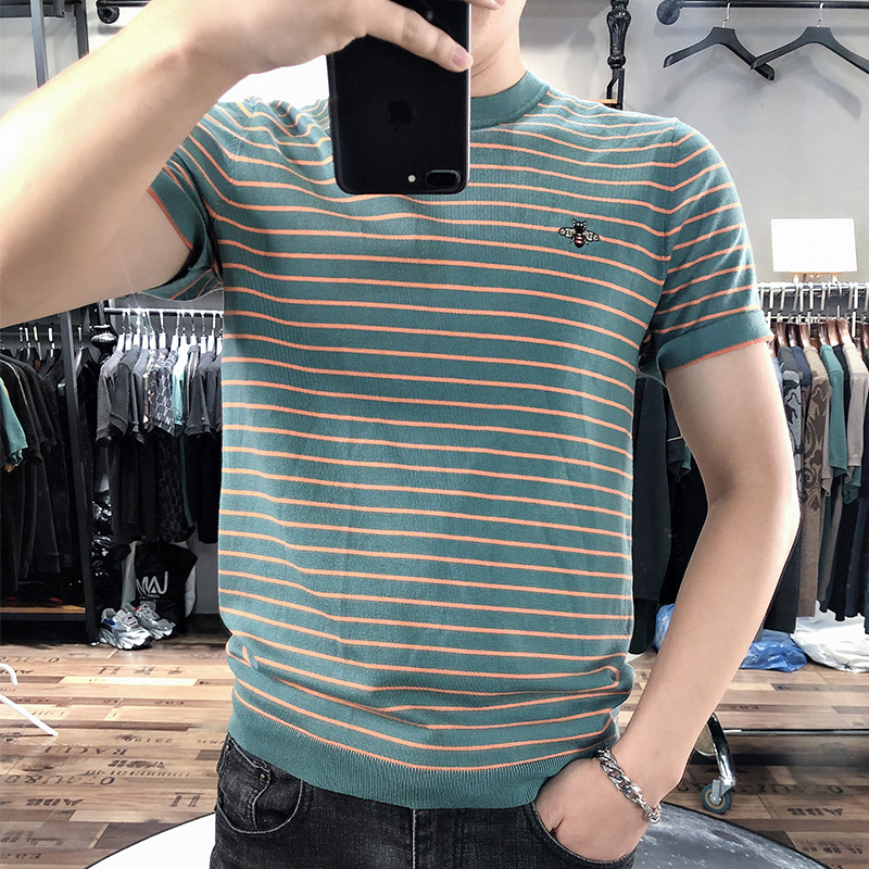 秋冬款男装小蜜蜂刺绣条纹横条男士大码针织衫休闲短袖毛衣男潮流