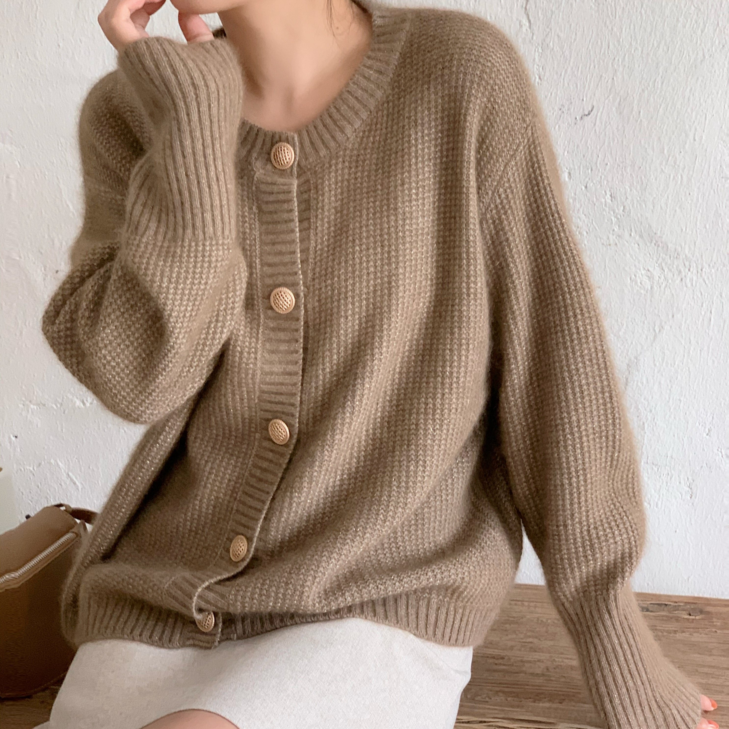 kcb浣熊绒金丝线软糯针织毛衣外套女开秋冬毛针织衫