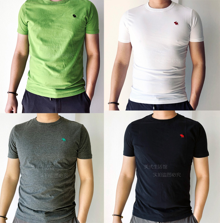 包邮美国时尚AF经典男士水洗棉小鹿标净色款修身圆领短袖打底T恤