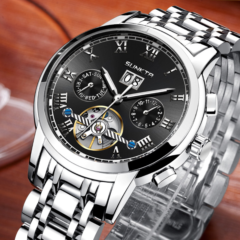 桑达手表男士全自动机械表镂空夜光潮流时尚钢带皮带男表 - 瑞士手表