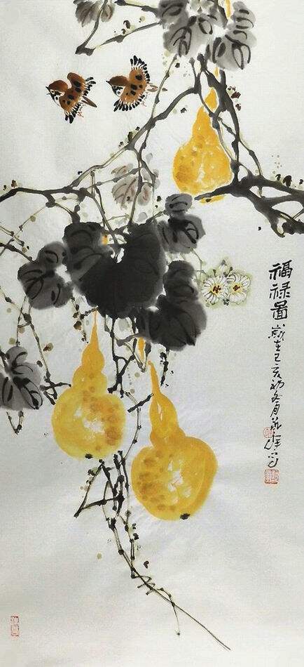 手绘葫芦石榴荷花花鸟画国画三尺字画艺群孙艺群国画