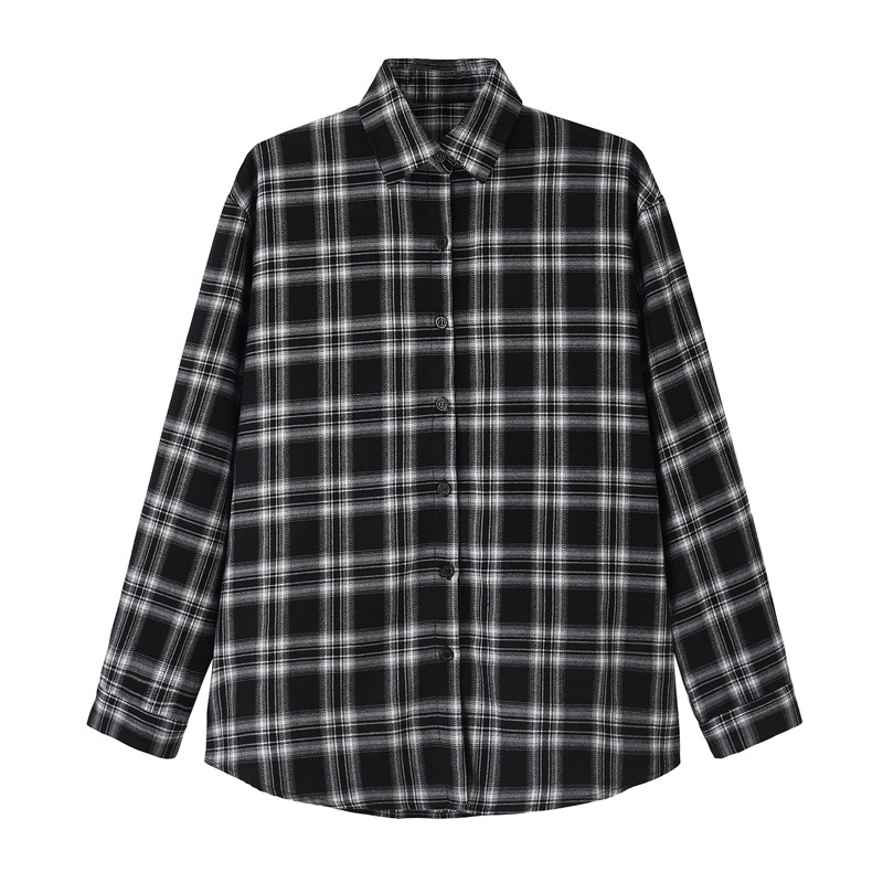 halo luu 黑白格子衬衫女2021春秋新款上衣复古宽松外套长袖衬衣