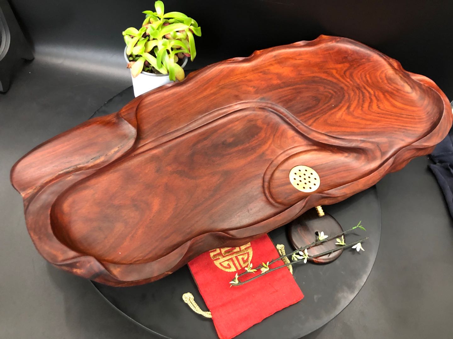 老挝大红酸枝交趾黄檀经典老红红木随行茶盘木雕