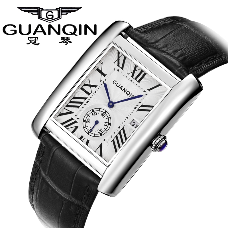 冠琴新款长方形男士手表防水全自动石英非机械真皮带名牌瑞士男表