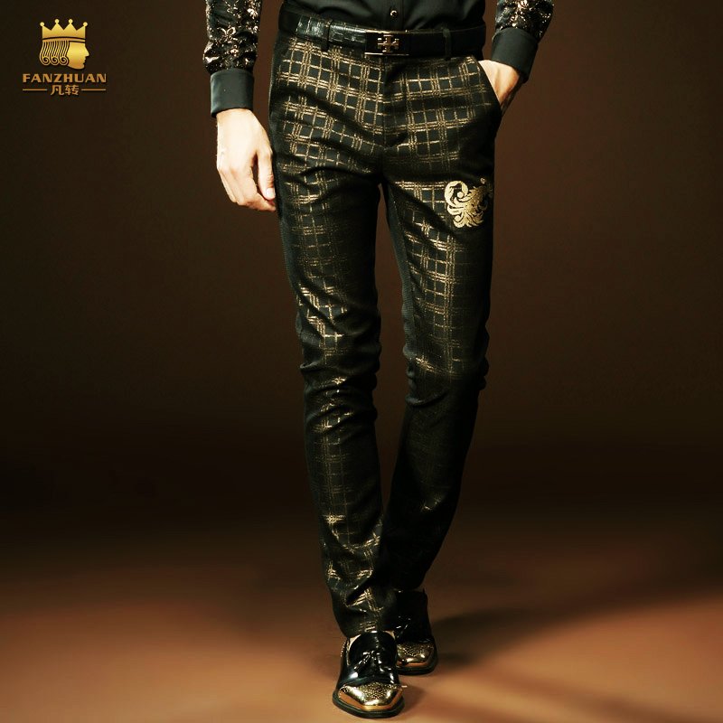 裤男潮牌韩版个性潮流修身春秋新款高端印花格子小脚休闲直筒裤