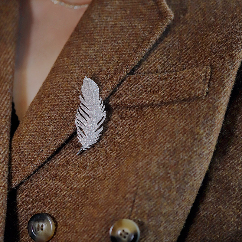 韩国经典高档满钻铜锆石银色羽毛胸针胸花女优胸针