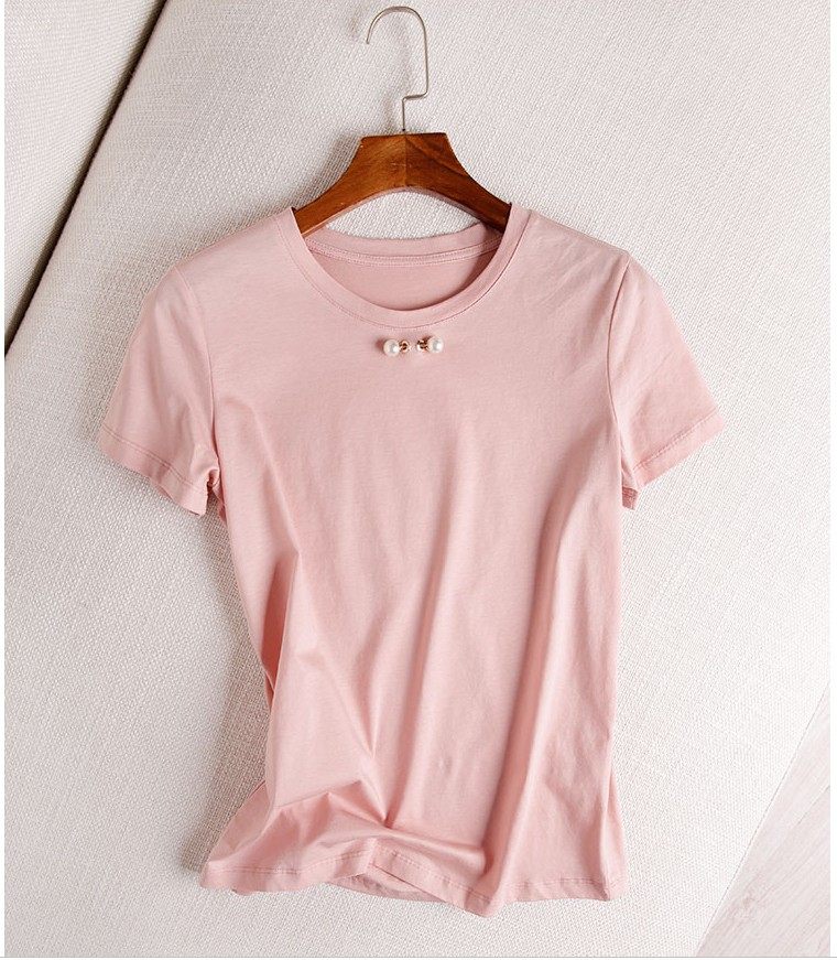 也可以精致优雅气质小香风珍珠点缀领口纯色圆领t恤