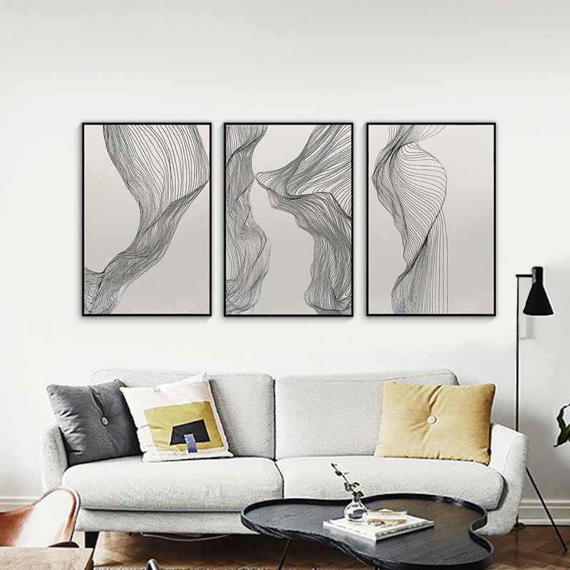 油画画艺术抽象线条装饰画简约办公室客厅沙发三联现代装饰画