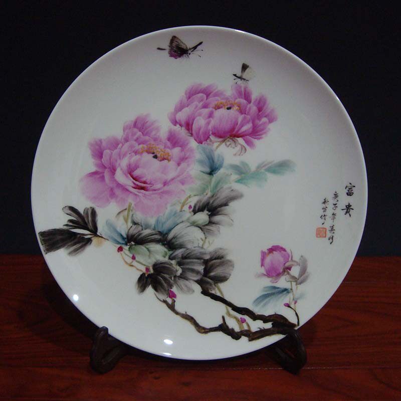景德镇陶瓷器手绘牡丹瓷盘名家秋生挂盘看盘装饰画装饰坐盘