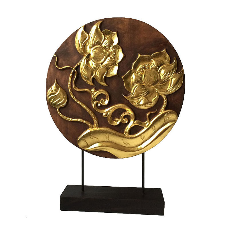 特惠泰国工艺木雕荷花摆件原木浮雕莲花圆形摆设东南亚手工贴金箔