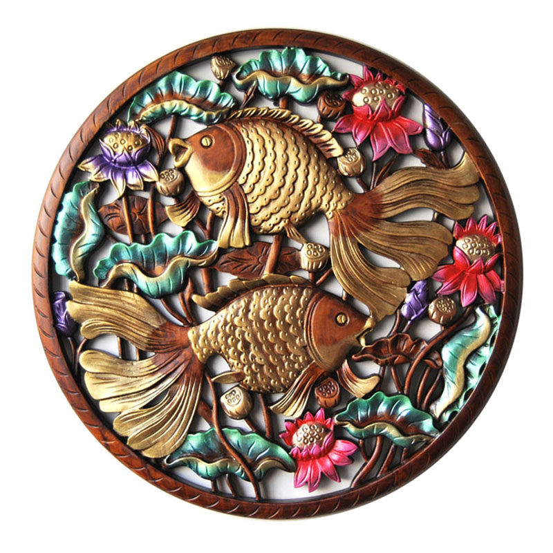 新品特惠异域风情彩绘双鱼荷花圆形木雕挂饰东南亚壁饰