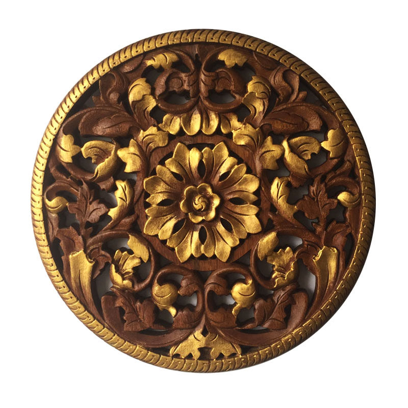 泰国进口木雕雕花圆形图腾客厅玄关挂饰东南亚壁饰