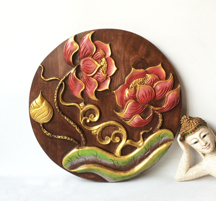 特惠包邮实木雕刻圆形荷花家居客厅玄关壁饰壁挂礼品装饰品50 - 泰北