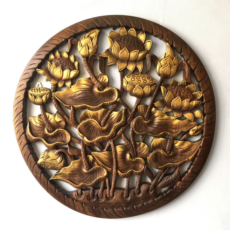 低价泰国风情荷花莲花镂空木雕圆形创意家居y0154挂屏