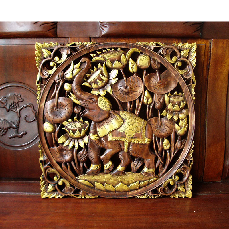 热销新款泰国异域风情大象装饰壁画方形木雕玄关木雕