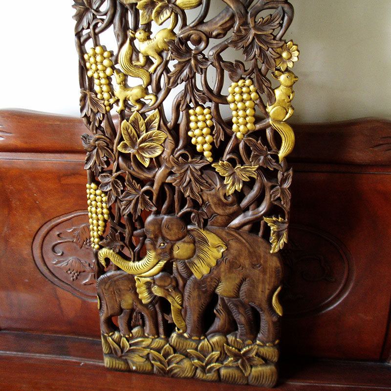 特惠柚木木色葡萄大象实木雕花背景墙装饰基础建材壁饰