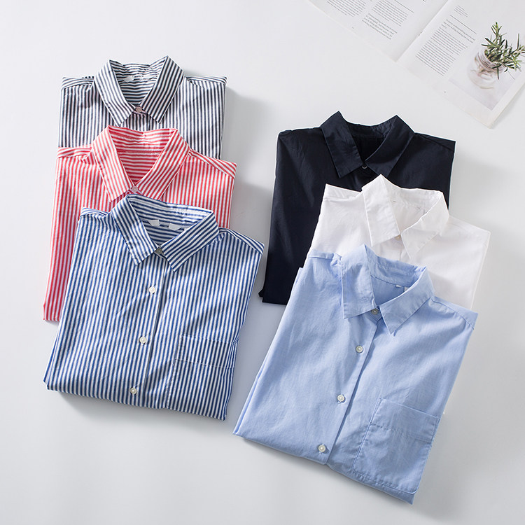 纯原棉质衬衫女款春夏盖臂长袖条纹bf宽松衬衫