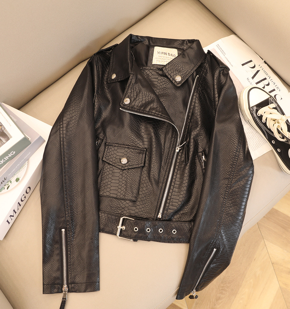g102断码清仓短款皮衣蛇皮质感皮夹克腰带机车皮衣