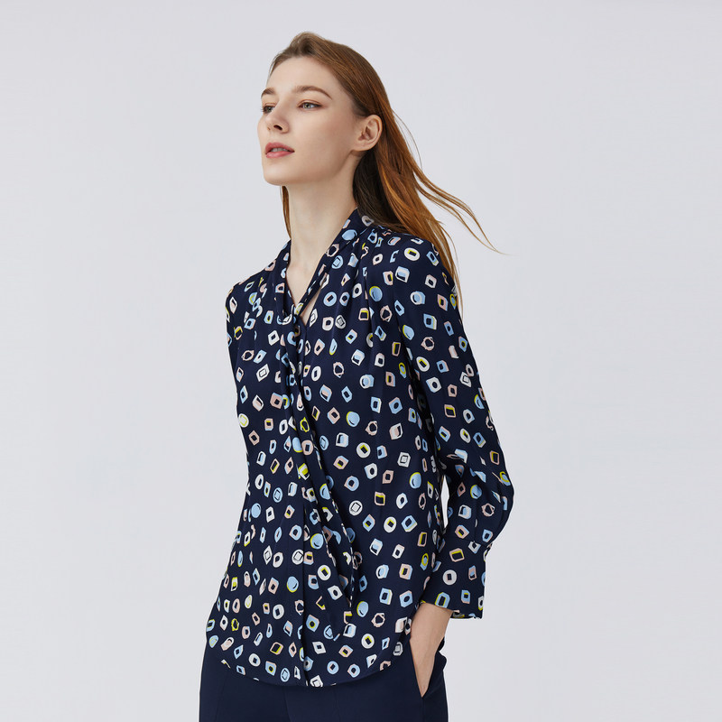 ports宝姿2021春夏新品女装真丝丝印花系带领衬衫
