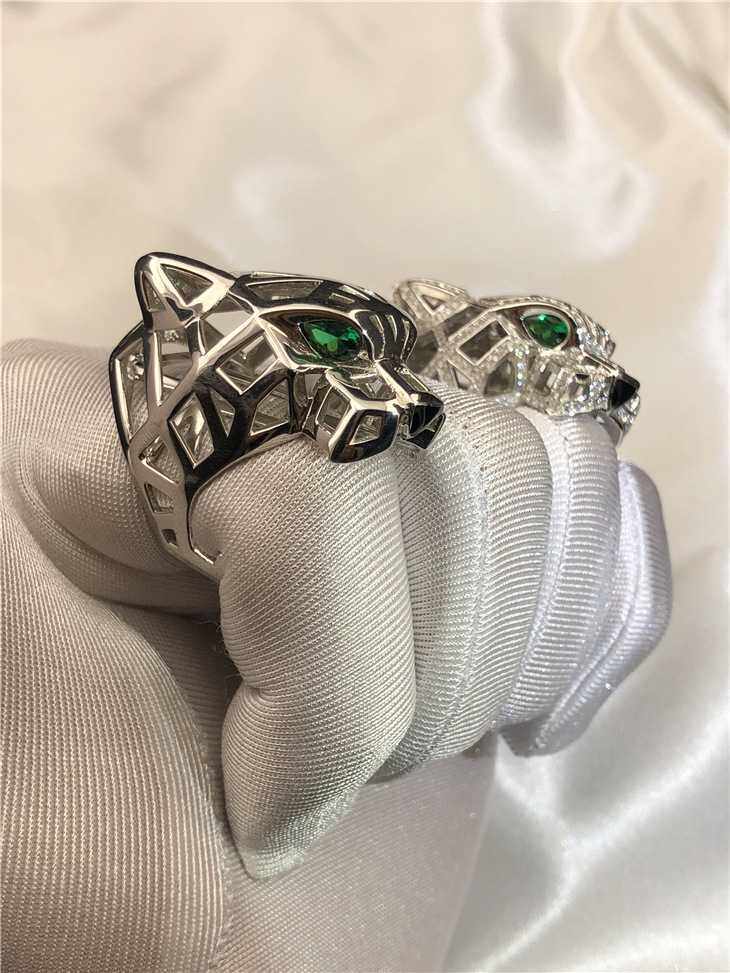 光面绿眼猎豹豹头戒指指环s925时尚潮流欧美风气质戒指