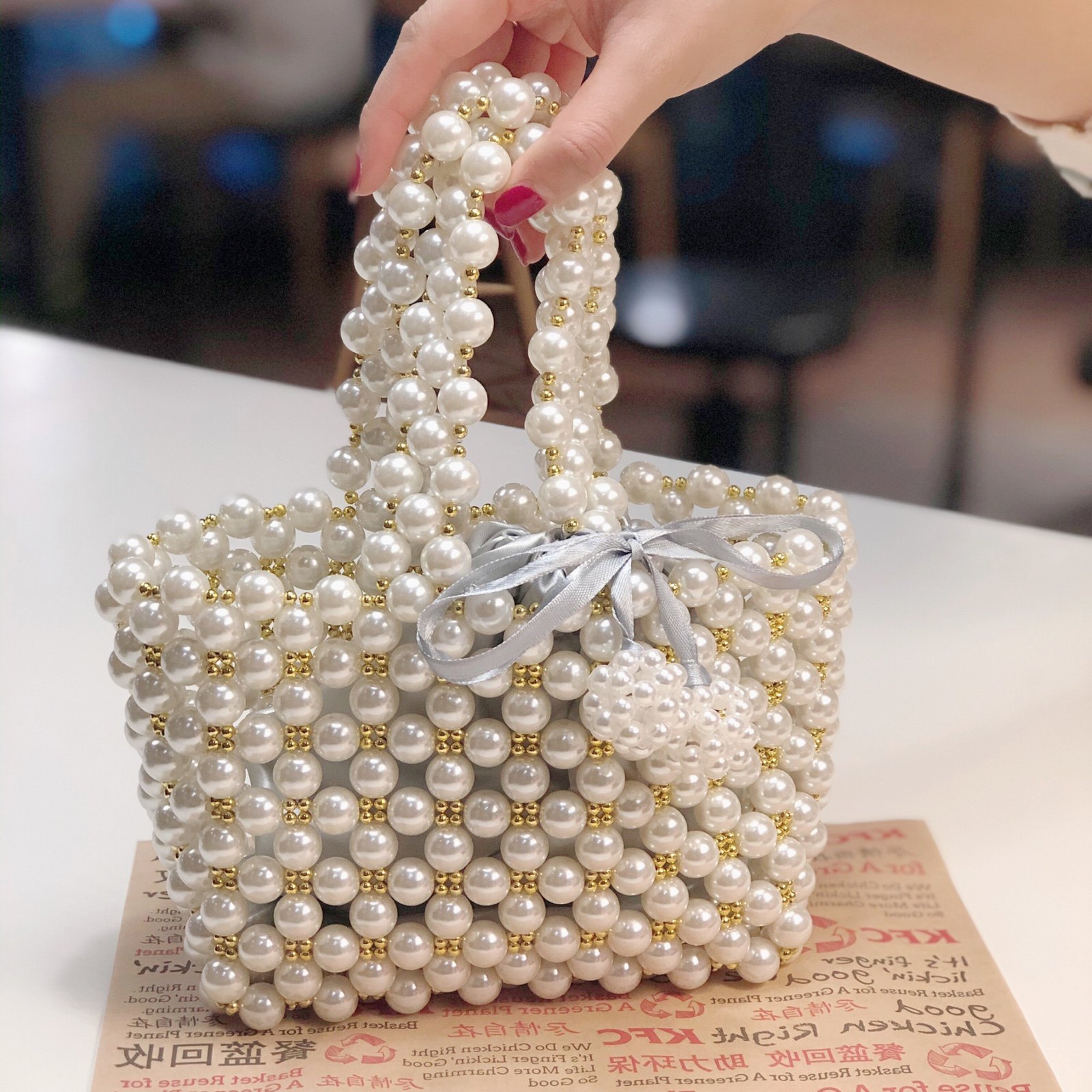 珍珠包包女diy新版手工编织斜挎包ins百搭复古手机包