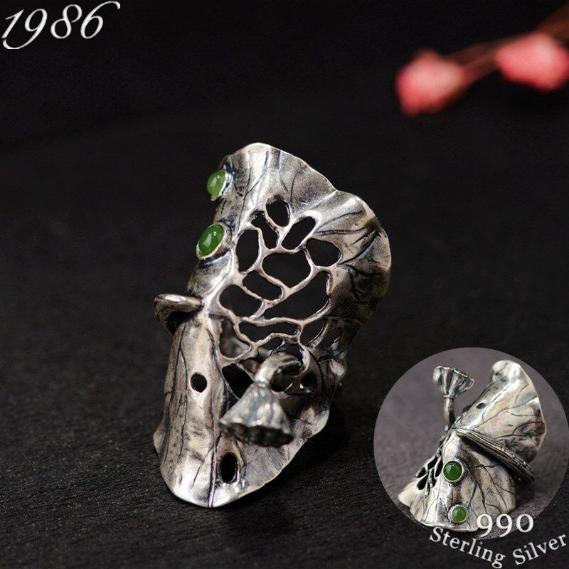 足银指环大指食指荷花名族银泰s990开口莲蓬戒指