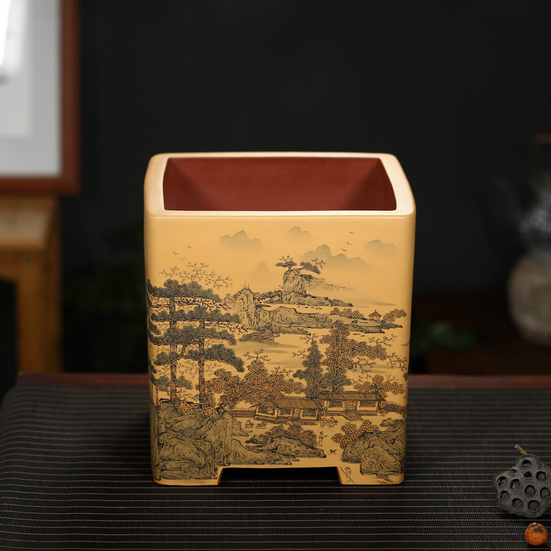 清香阁潘涛紫砂手工墨绘山水四方松柏老桩盆景花盆