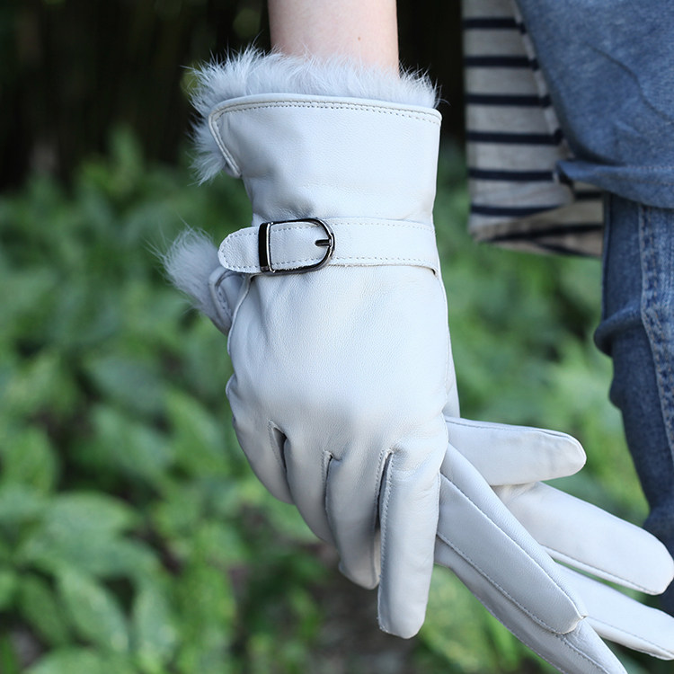 进口山羊皮女士真皮手套秋冬兔毛户外保暖皮手套海宁女白色