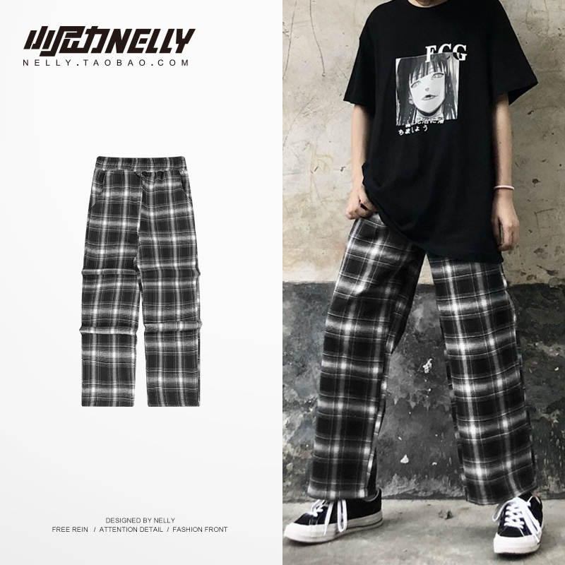 秋季美式复古哈伦阔腿格子裤男潮牌宽松休闲裤男潮流直筒九分裤女