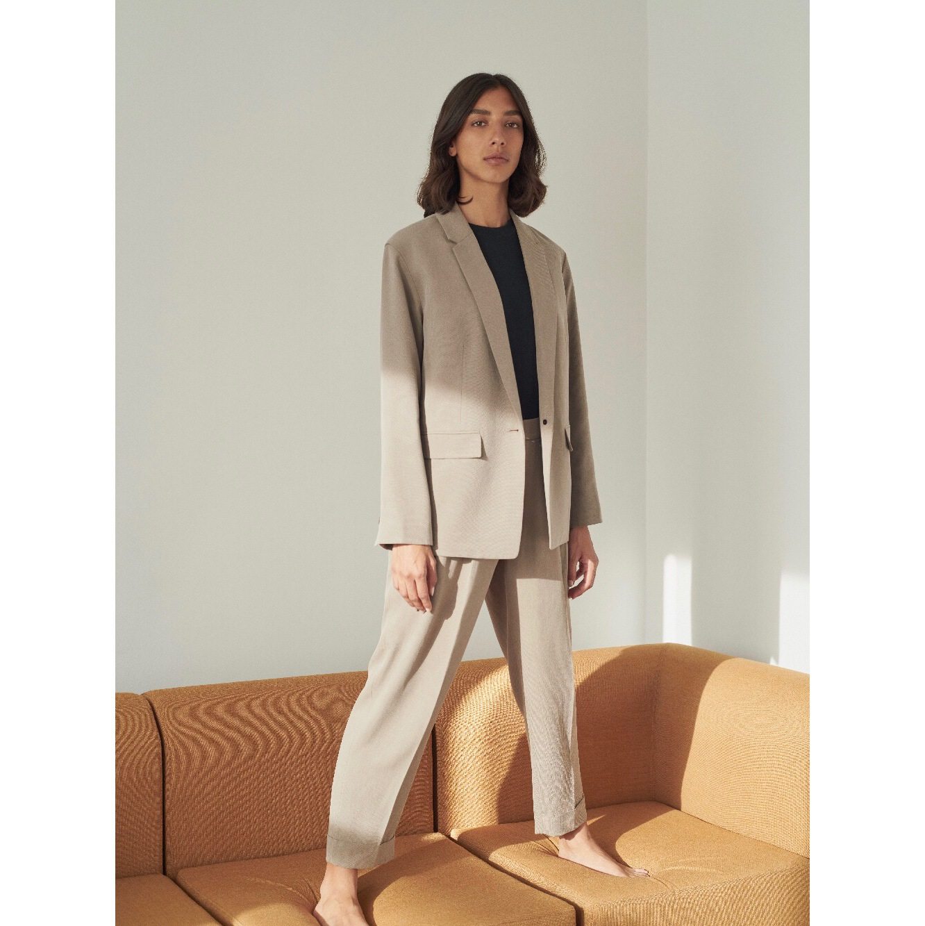 法式复古通勤奶茶茶色天丝西装套装一粒简约西装